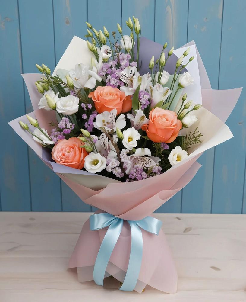 Букет цветов из: Лизиантусы, Розы, Альстромерии и Гипсофила в Кшенский