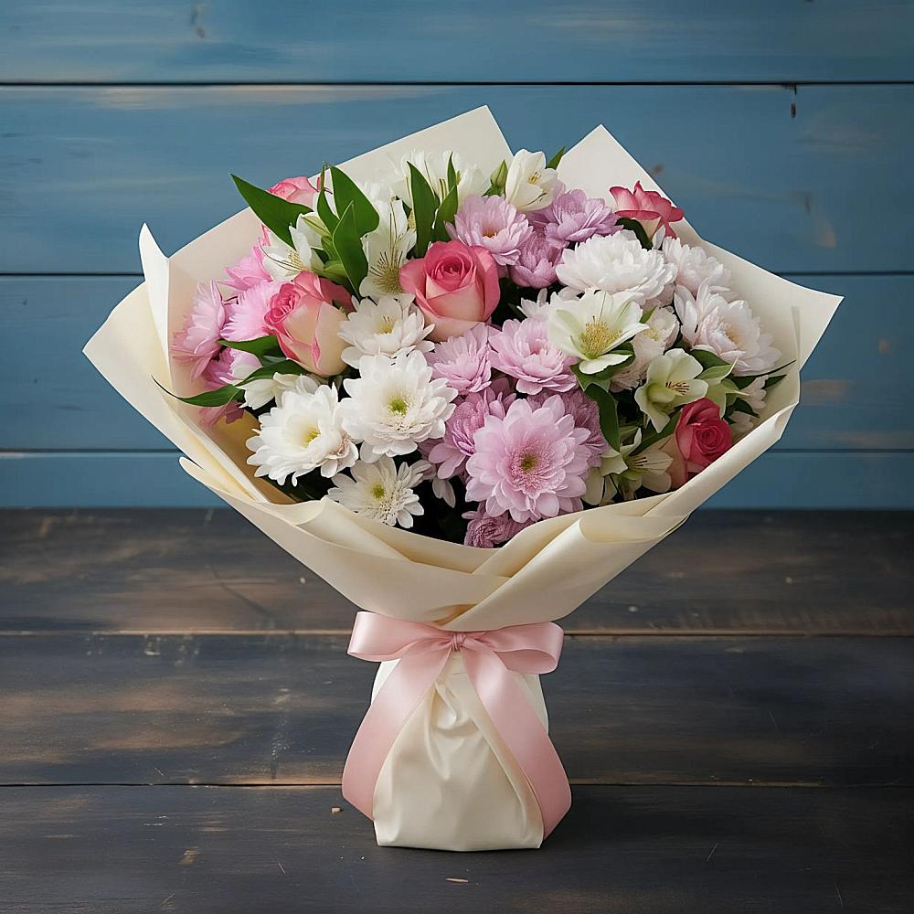 Букет цветов из: Хризантемы, Альстромерии и Розы в Кшенский